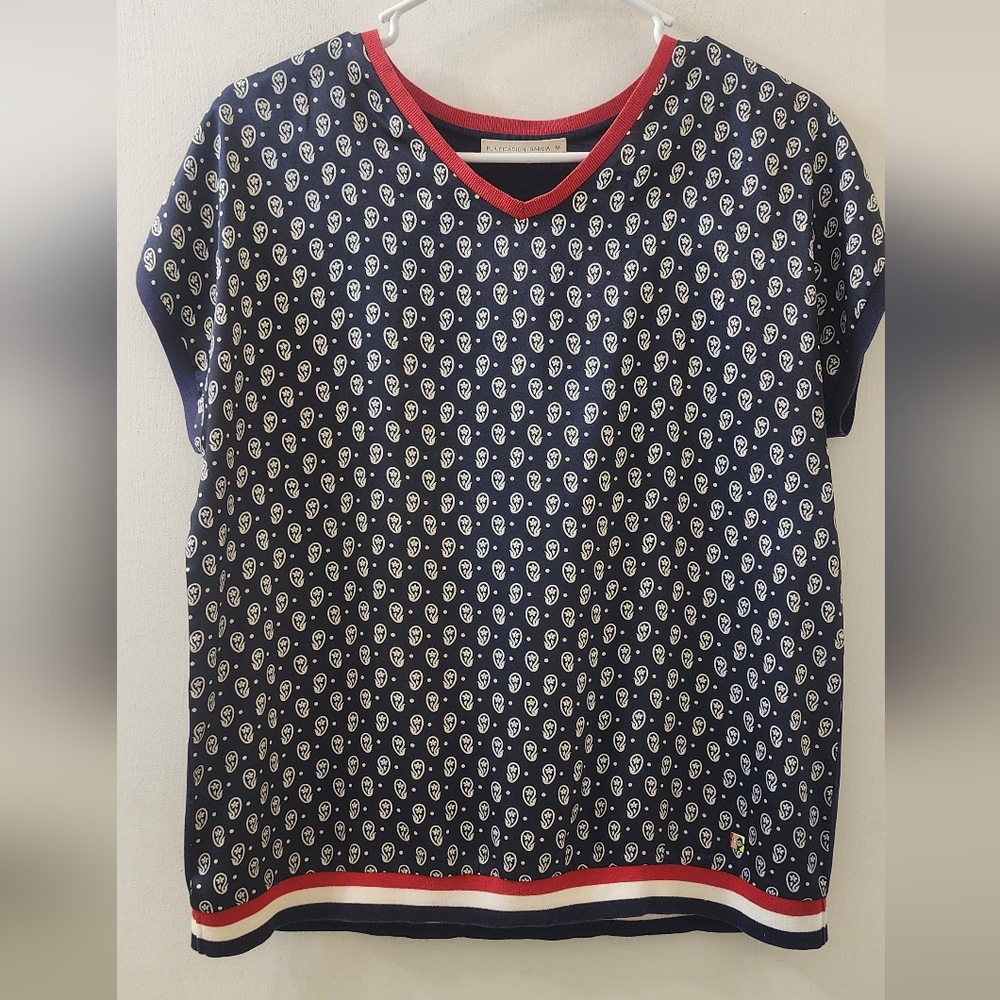 Purificacion Garcia Navy Patterned Short Sleeve Top with Red‎ Trim, Size Medium